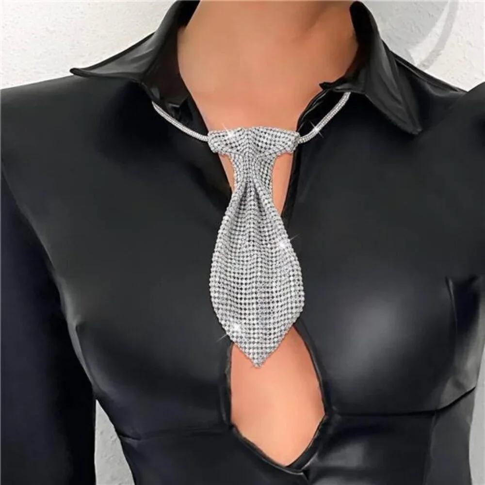 Women’s Luxury Crystal Rhinestone Necktie Silver Sparkling Fashion Statement Tie